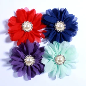6.5CM Cute Chiffon Fabric Flowers With Rhinestone Pearl For Girls Headbands Hair Accessories U Pick Color For Dress