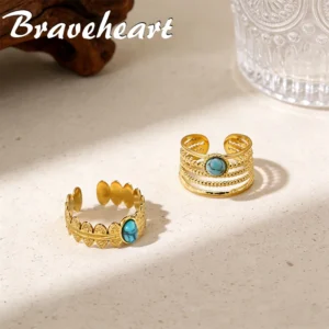 High Quality Turquoise Rings For Women Adjustable Gold Plated Stainless Steel Blue Stone Ring Ethnic Vintage Jewelry Bague Gifts